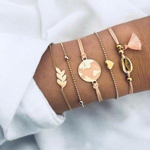 5Pcs/Set Bohemian Women Bangle Map Earth Love Shell Leaf Tassel Bracelet Jewelry